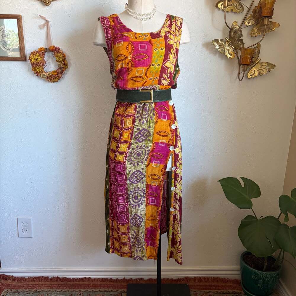 Vintage Multi-Color Patchwork Sleeveless Button Midi Dress